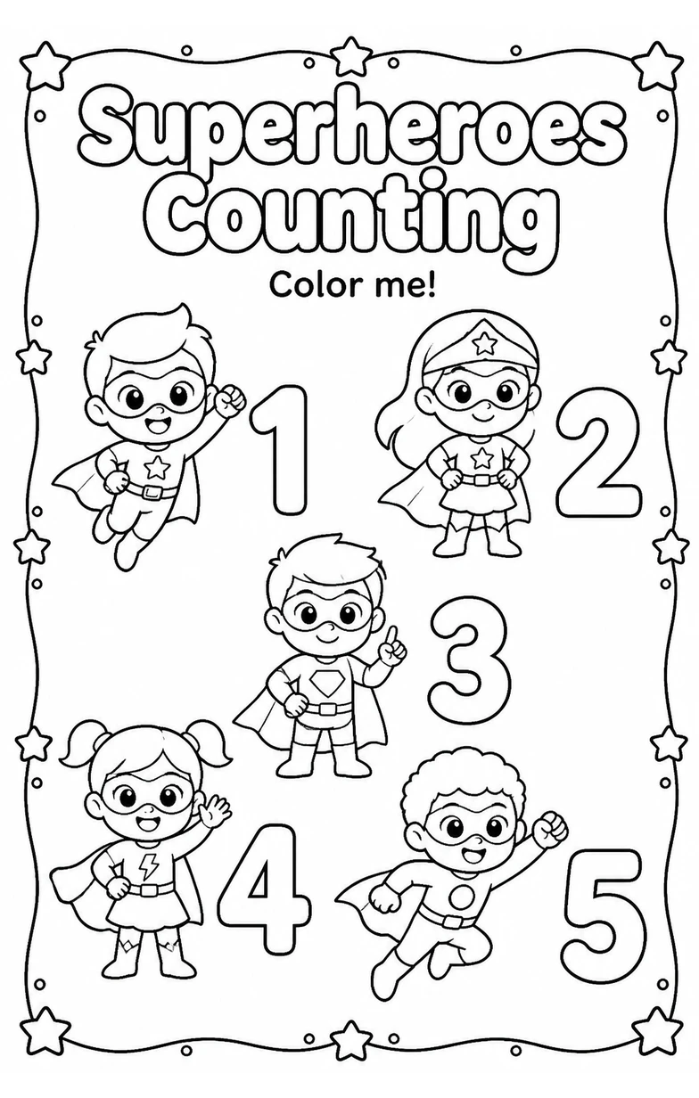 Superheroes Counting Coloring Page