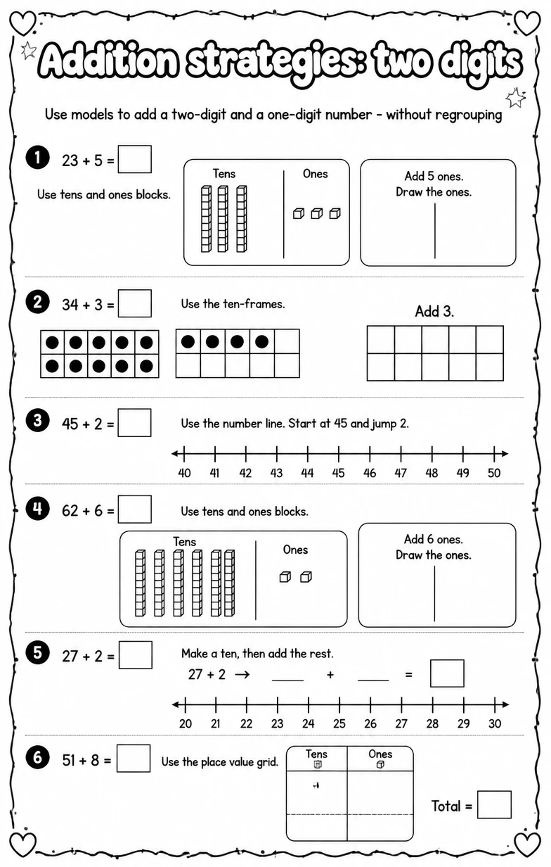Use models to add a two-digit and a one-digit number - without regrouping