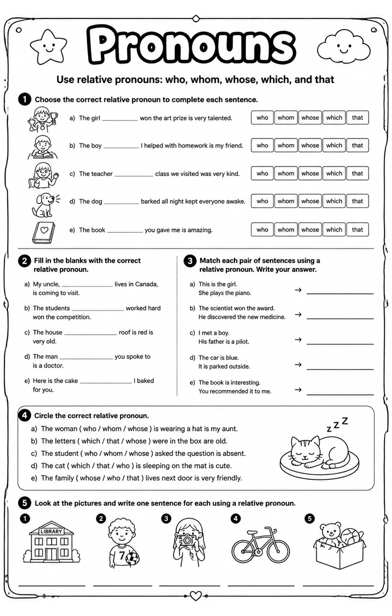 Use relative pronouns: who, whom, whose, which, and that
