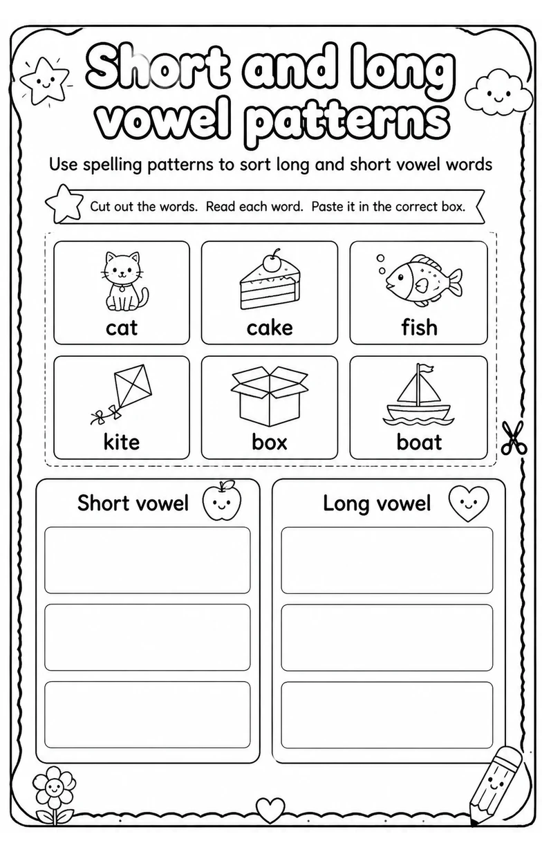 Use spelling patterns to sort long and short vowel words