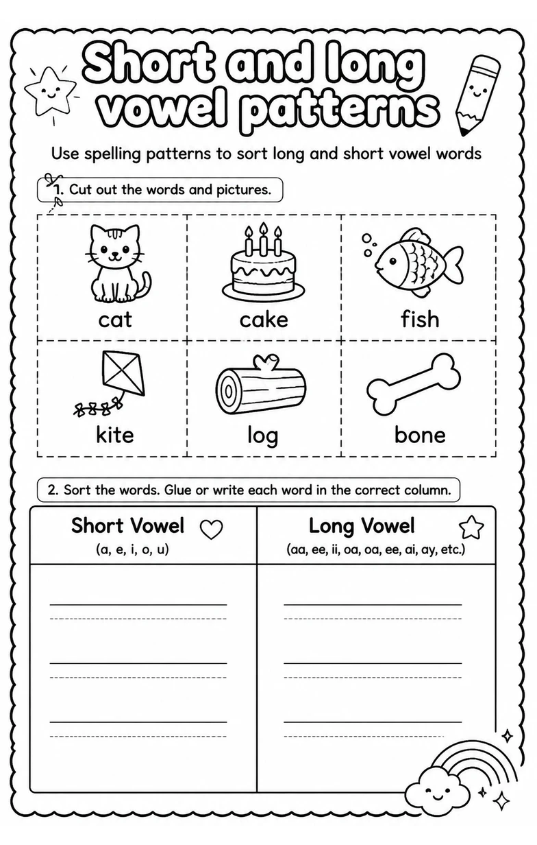 Use spelling patterns to sort long and short vowel words