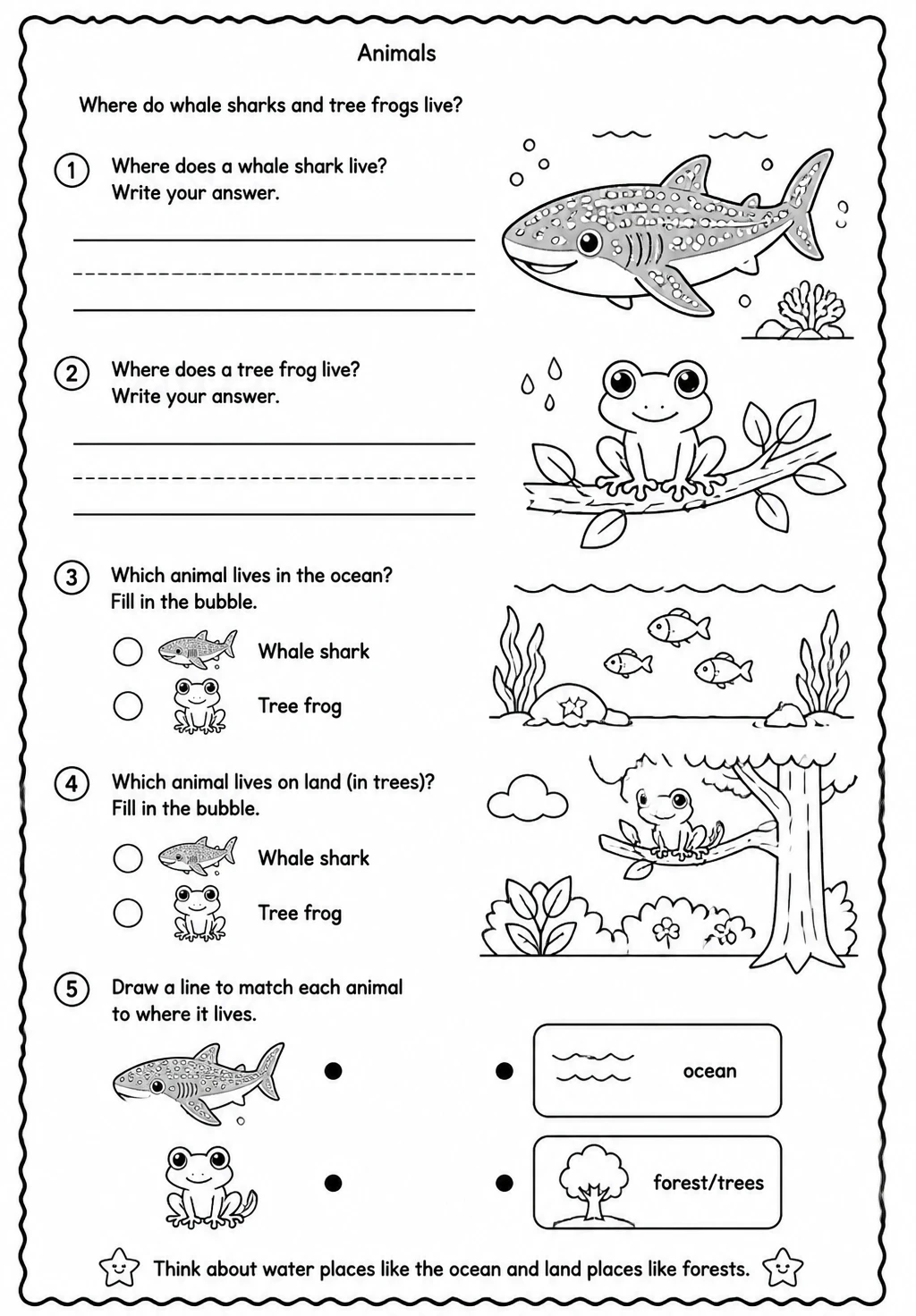 Where do whale sharks and tree frogs live?