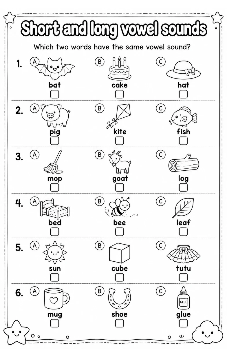 Which two words have the same vowel sound?