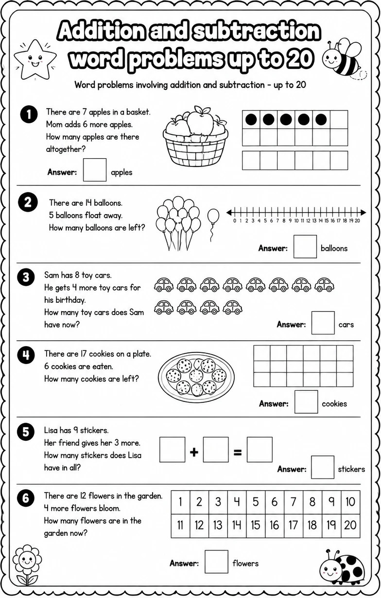 Word problems involving addition and subtraction - up to 20