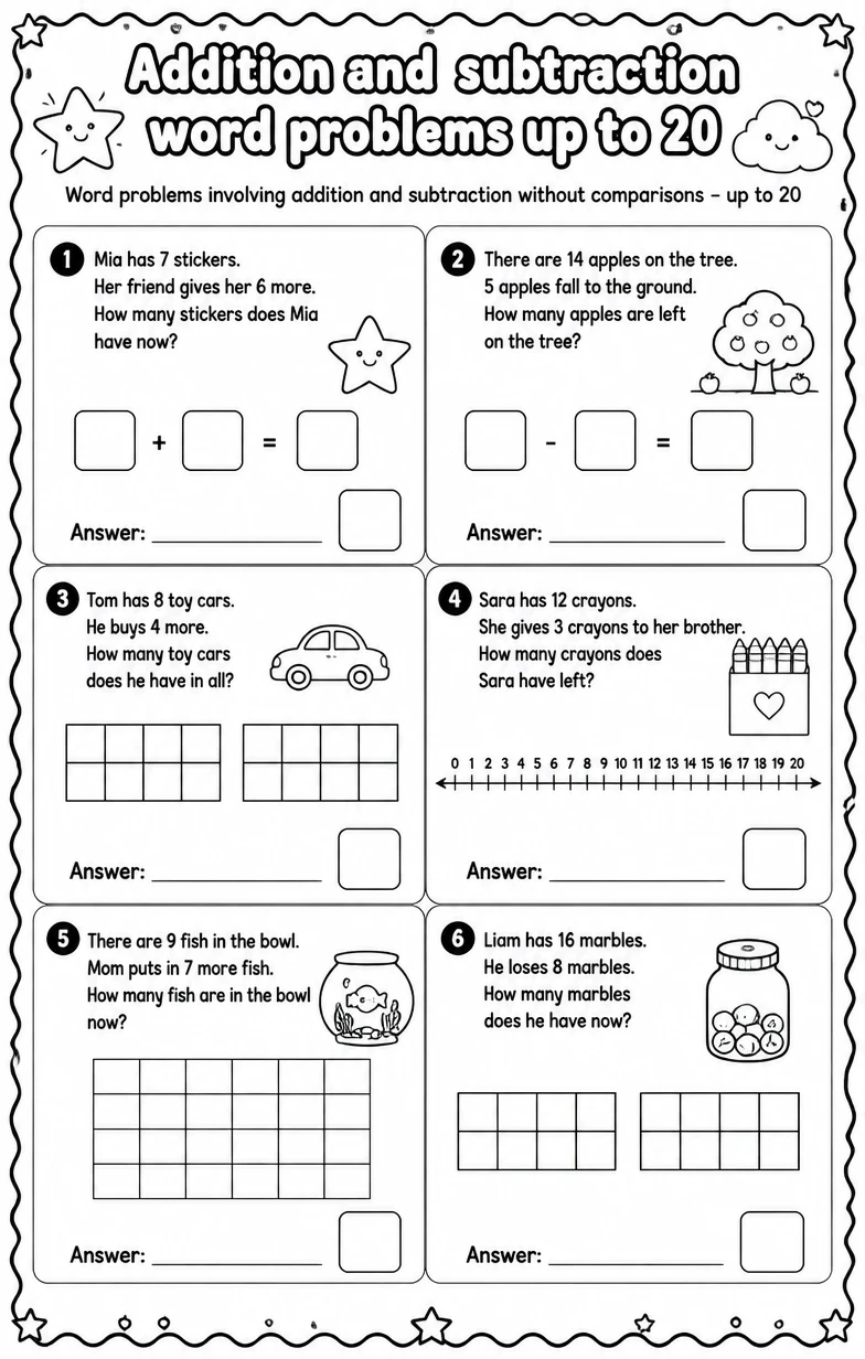 Word problems involving addition and subtraction without comparisons - up to 20