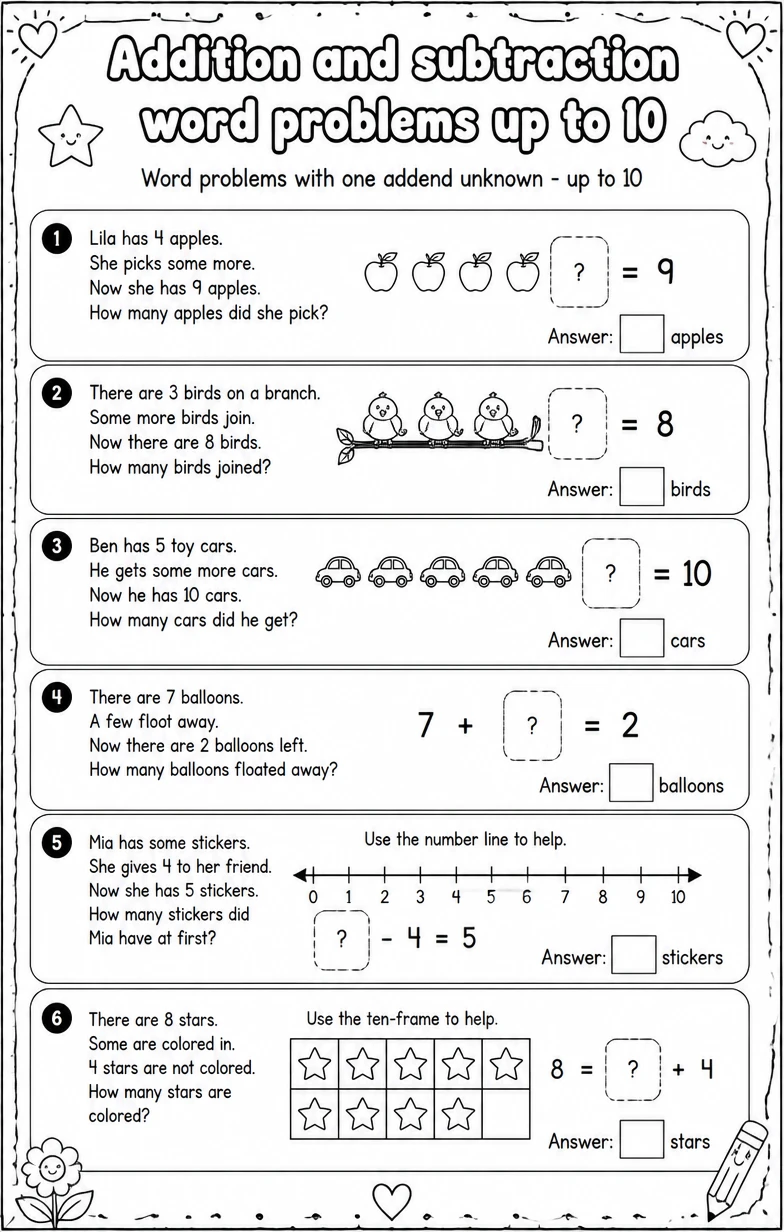 Word problems with one addend unknown - up to 10