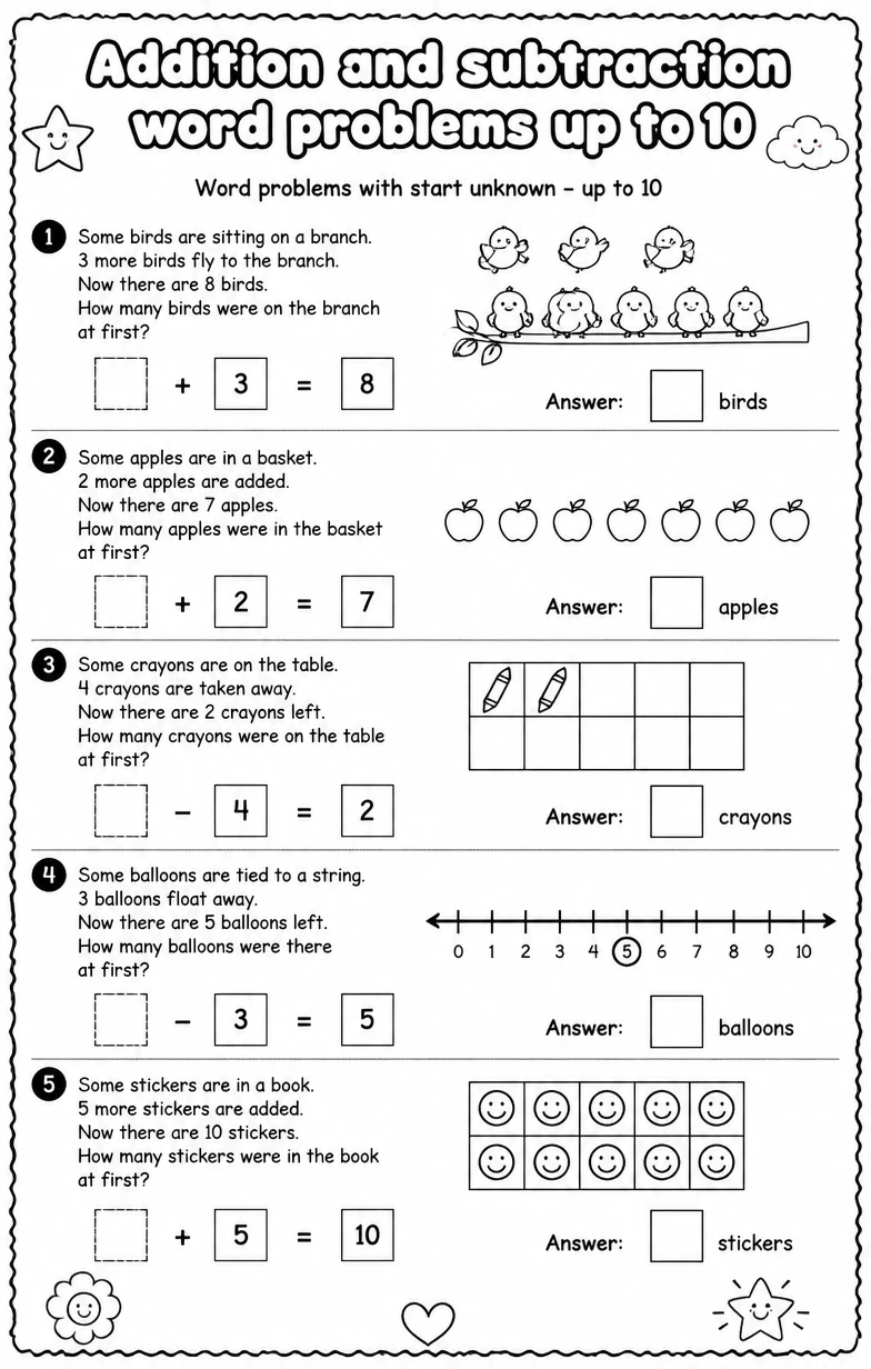 Word problems with start unknown - up to 10