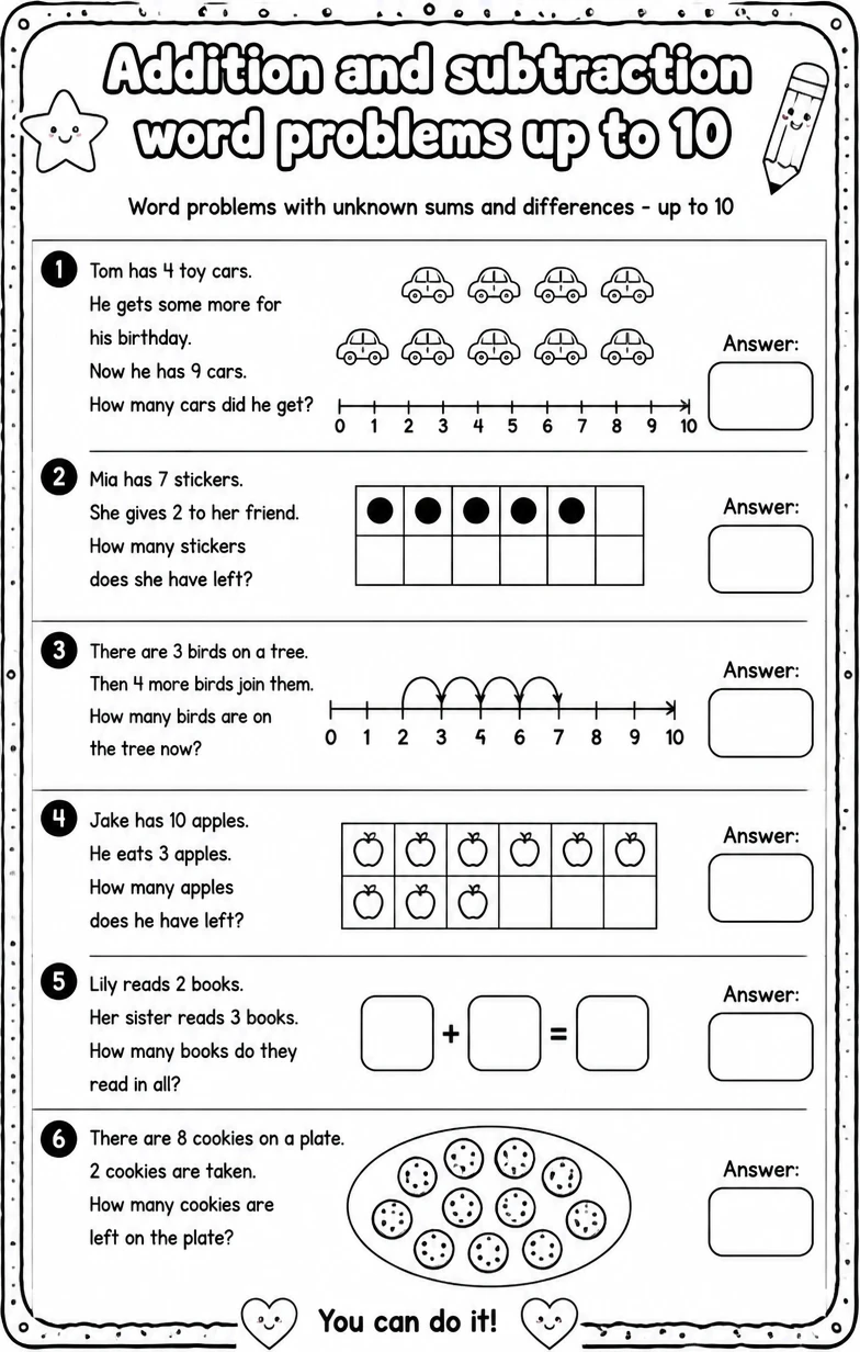 Word problems with unknown sums and differences - up to 10