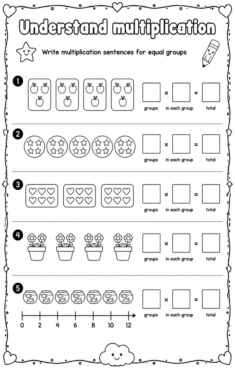 Write multiplication sentences for equal groups