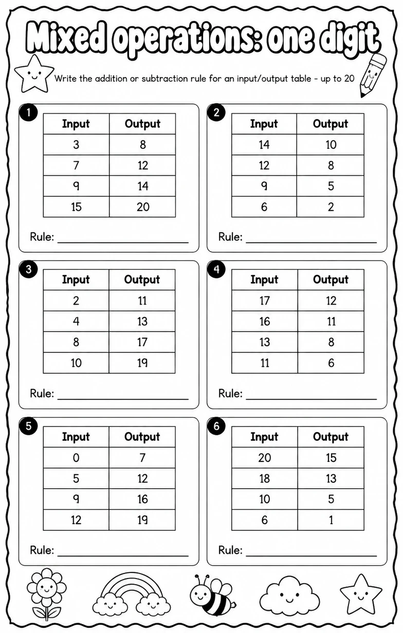 Write the addition or subtraction rule for an input/output table - up to 20