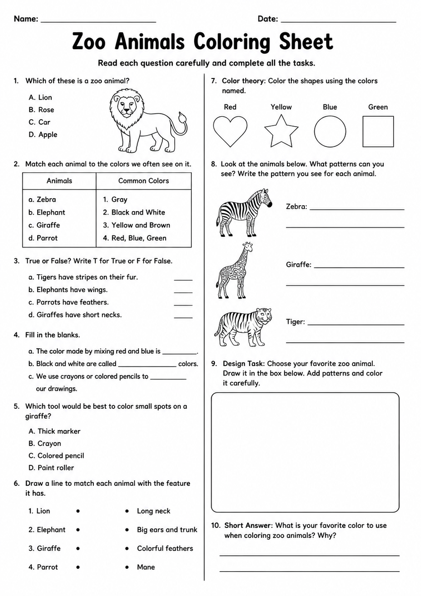 Free Printable Grade 2 Art Zoo Animals Coloring Sheet