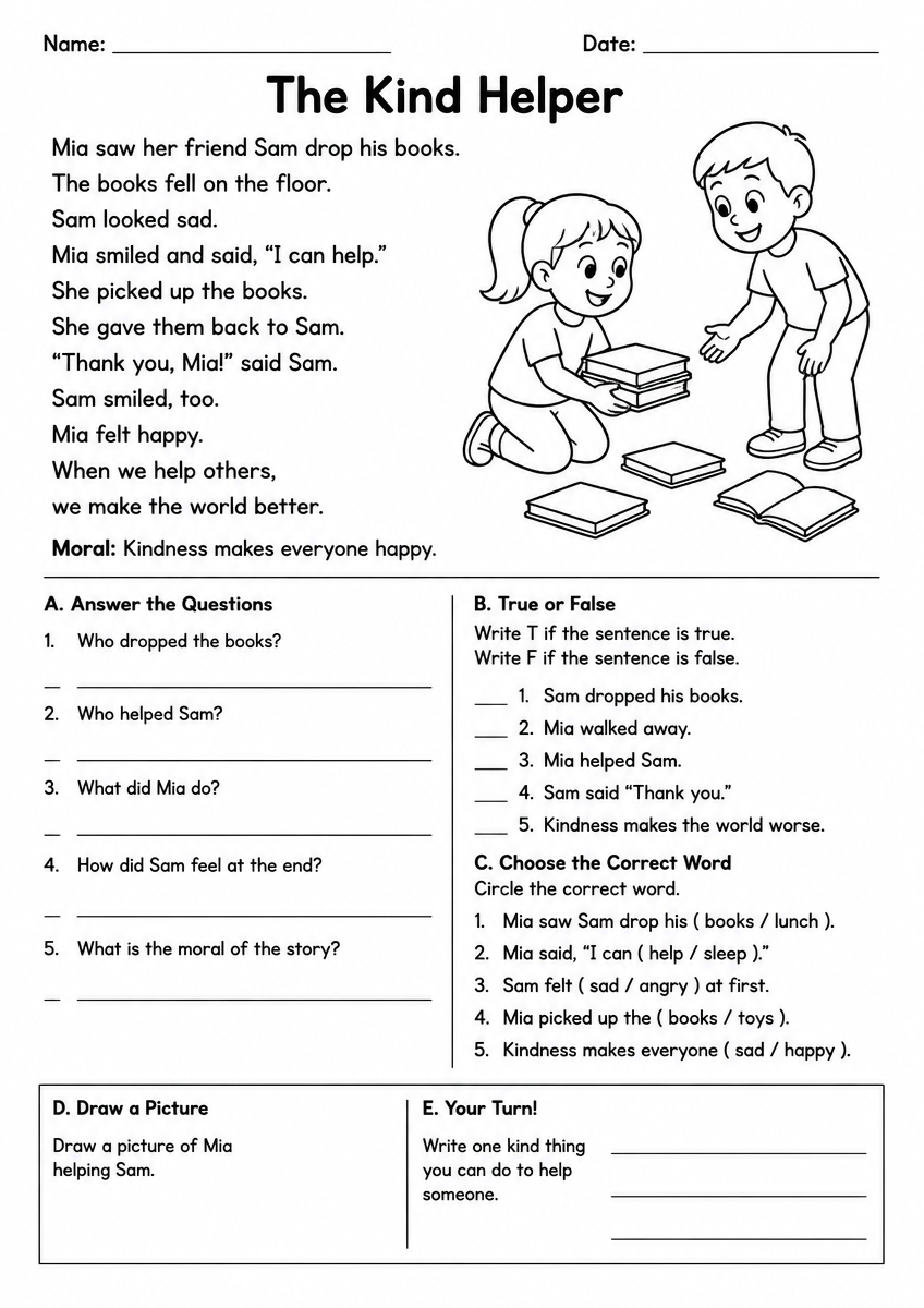 Free Printable Grade 2 ELA Moral Short Stories Reading Worksheet