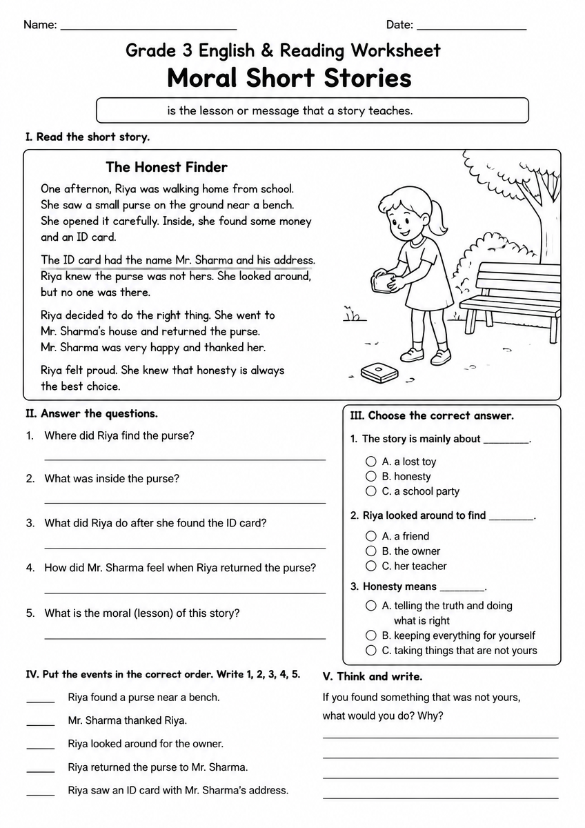 Free Printable Grade 3 ELA Moral Short Stories Reading Worksheet