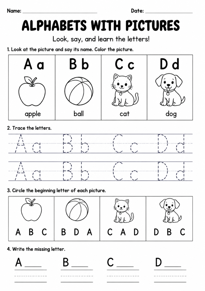 Free Printable Preschool ELA Alphabet with Pictures Worksheet