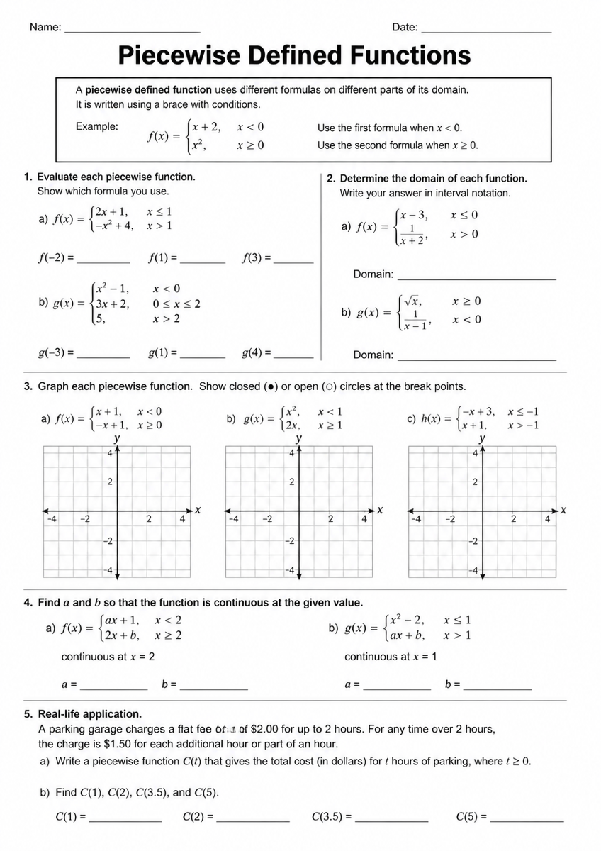 Free Printable High School Math Piecewise Defined Function Worksheet