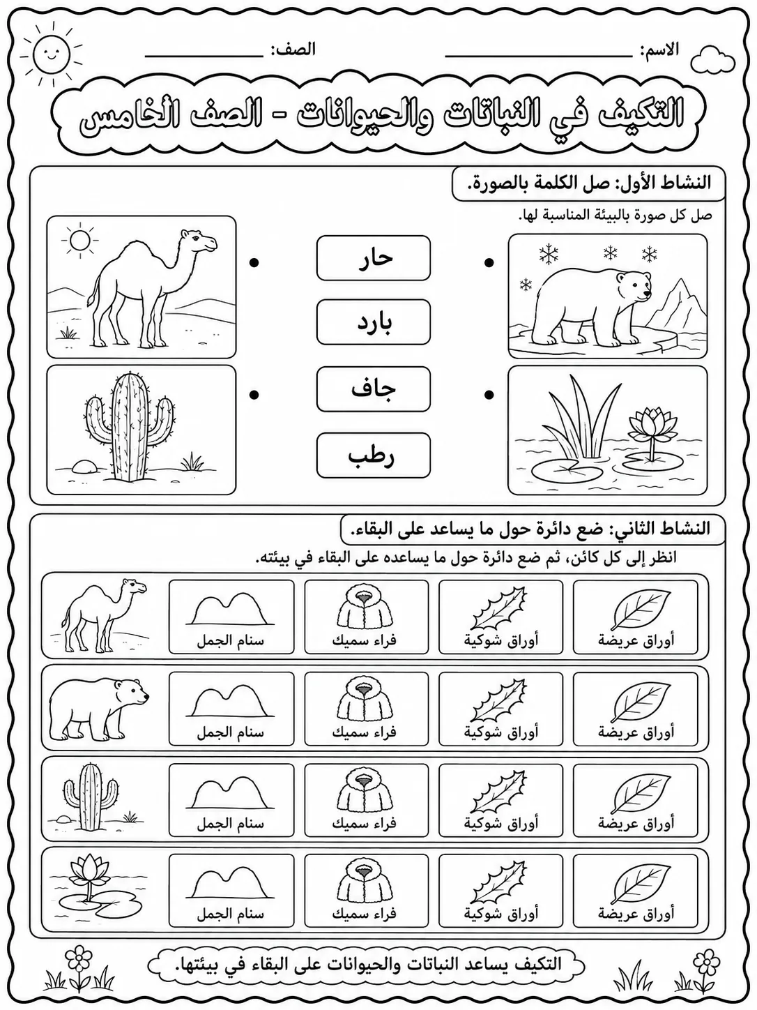 التكيف في النباتات والحيوانات - الصف الخامس