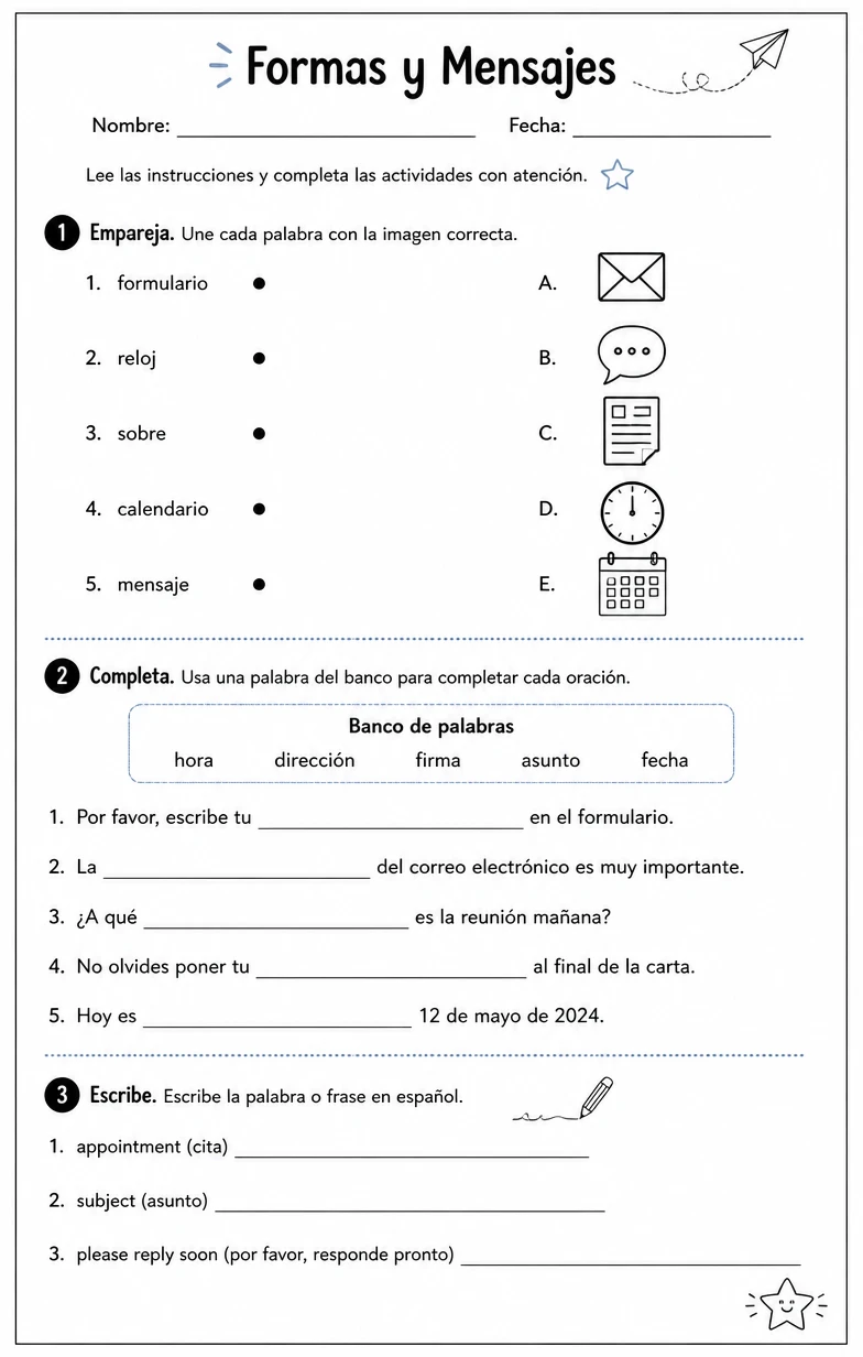 Completar formularios, horarios, subtítulos y mensajes breves con información precisa.