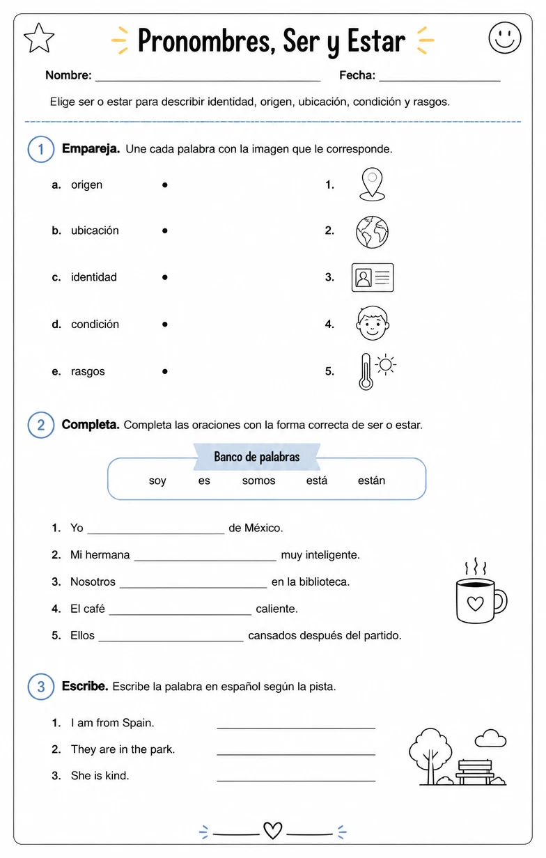 Elegir ser o estar para describir identidad, origen, ubicación, condición y rasgos.