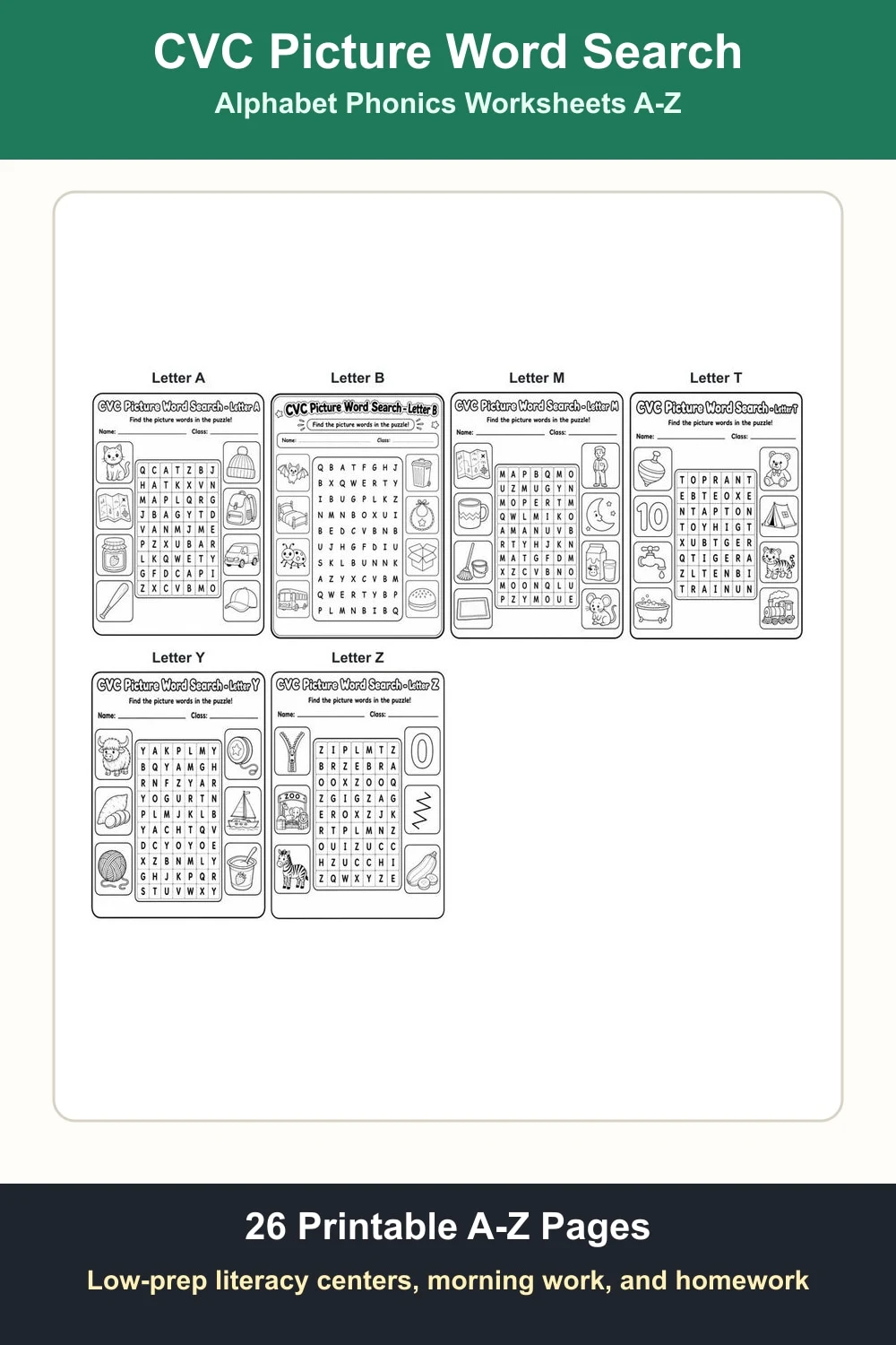 CVC Picture Word Search Worksheets A-Z Pack