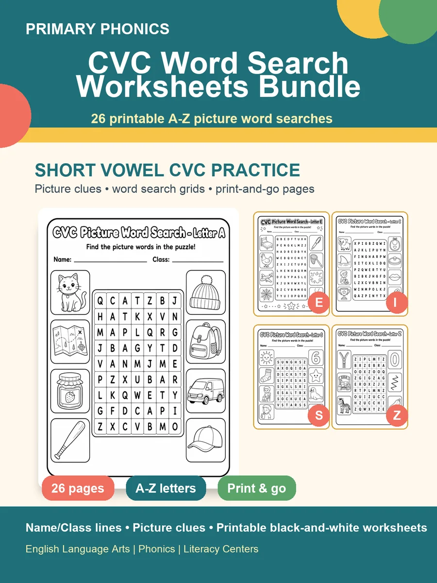 CVC Word Search Worksheets Pack