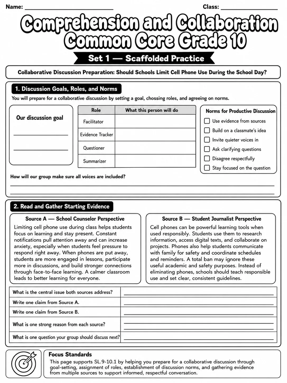 Comprehension and Collaboration Common Core Grade 10