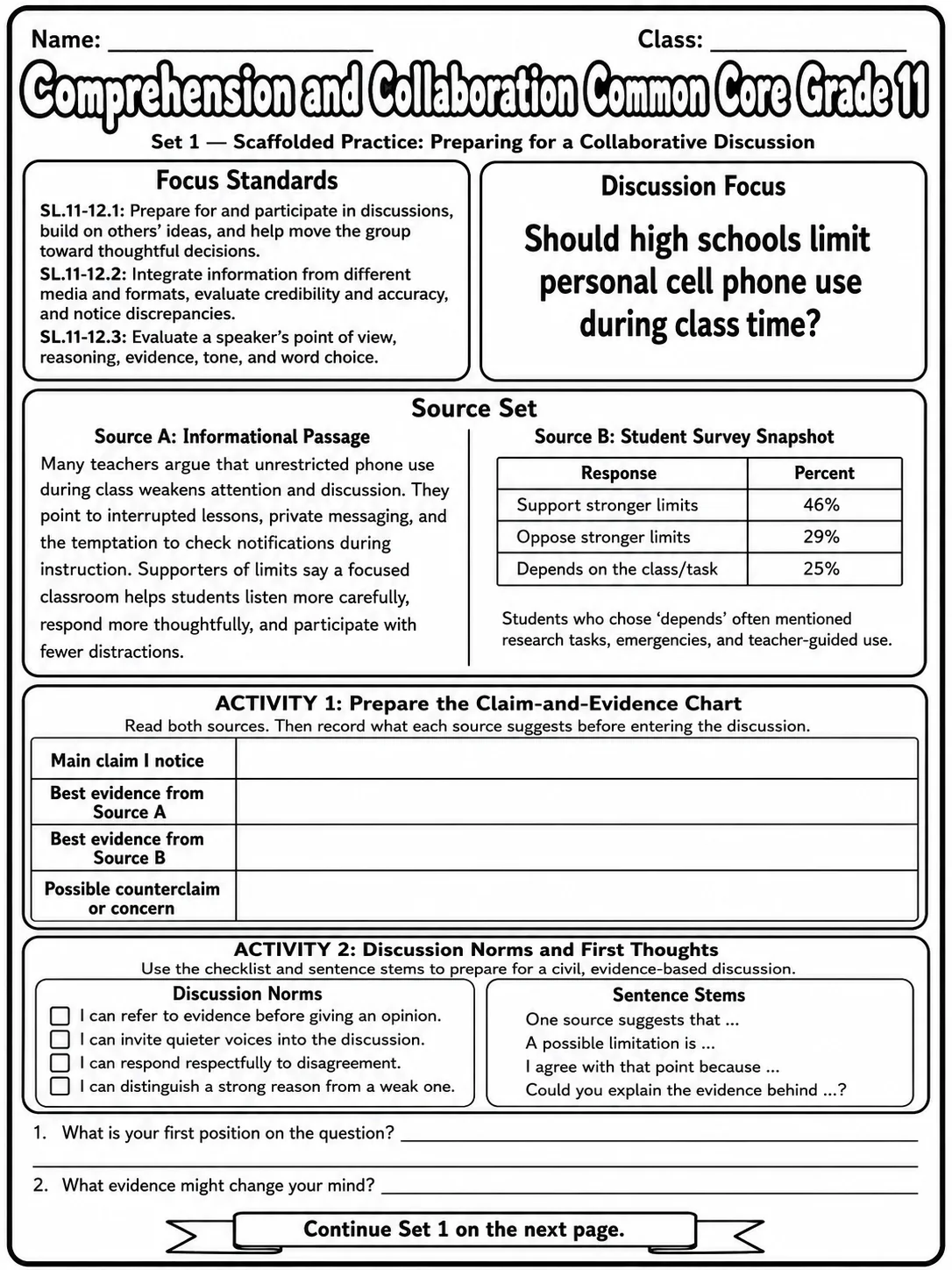 Comprehension and Collaboration Common Core Grade 11