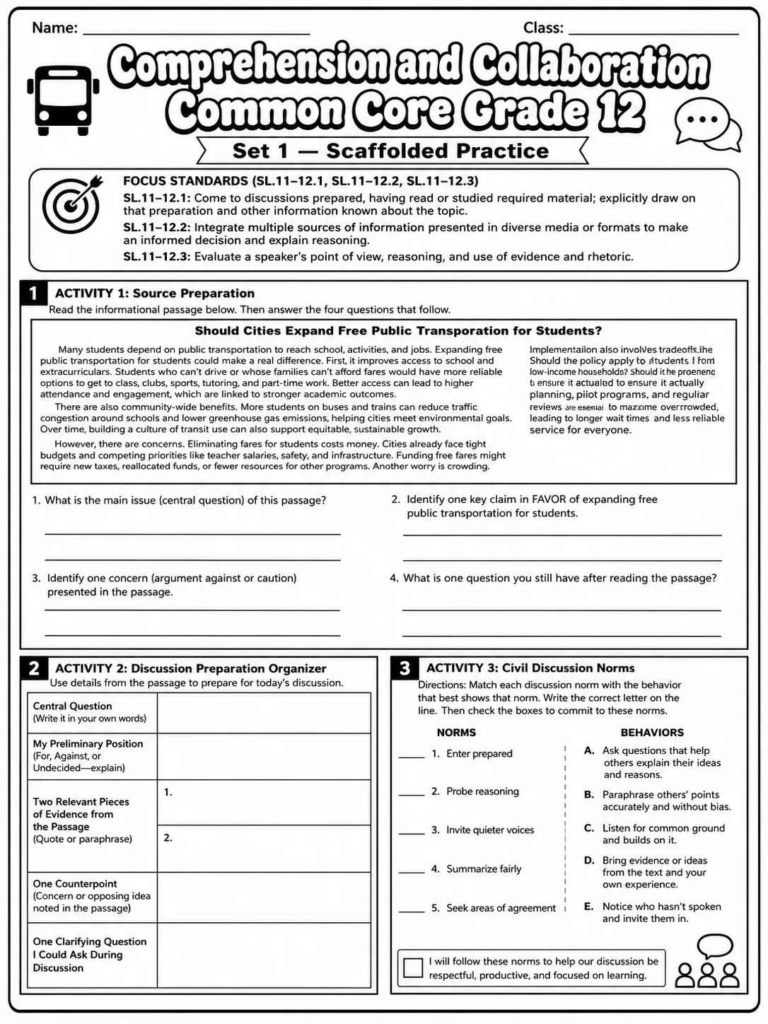 Comprehension and Collaboration Common Core Grade 12