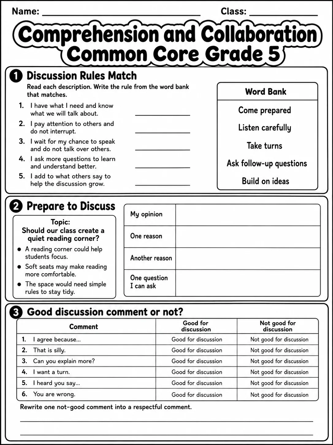 Comprehension and Collaboration Common Core Grade 5