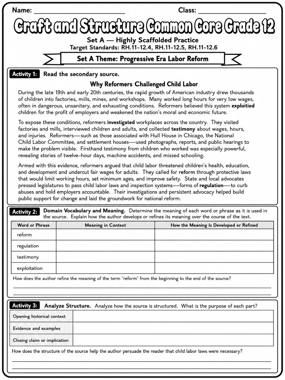 Craft and Structure Common Core Grade 12