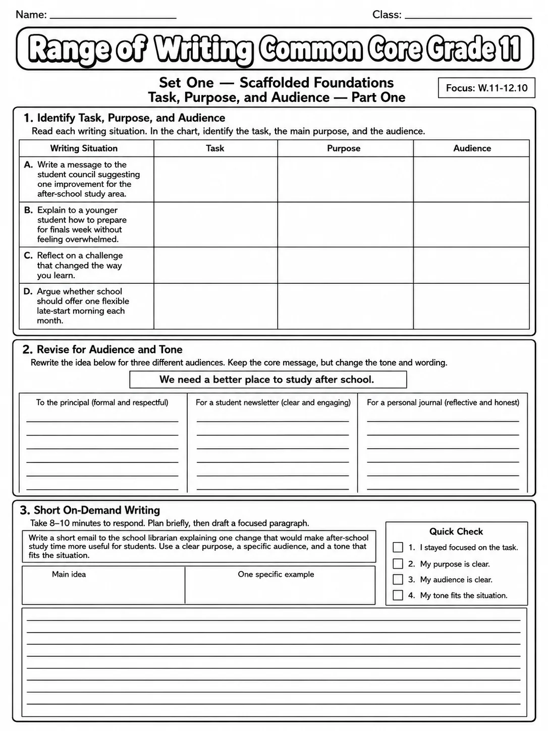 Range of Writing Common Core Grade 11