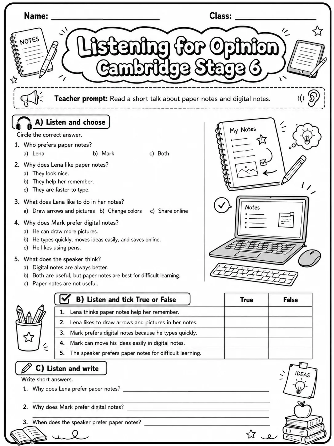 Listening for Opinion Cambridge Stage 6 - Paper Notes or Digital Notes
