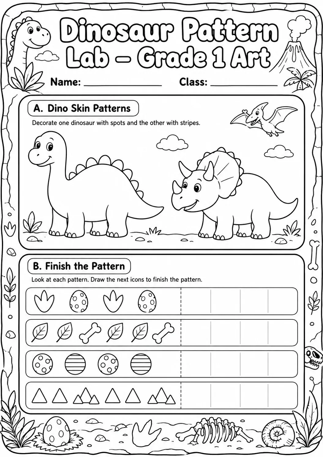Dinosaur Patterns Art Worksheet Pack