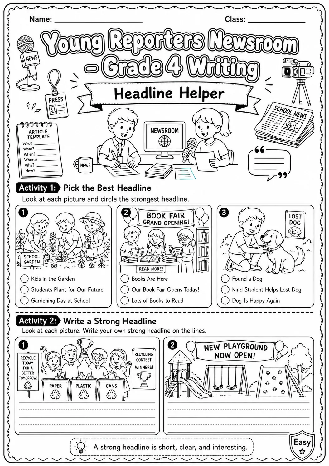 Young Reporters Newsroom Headline Writing Worksheet Pack