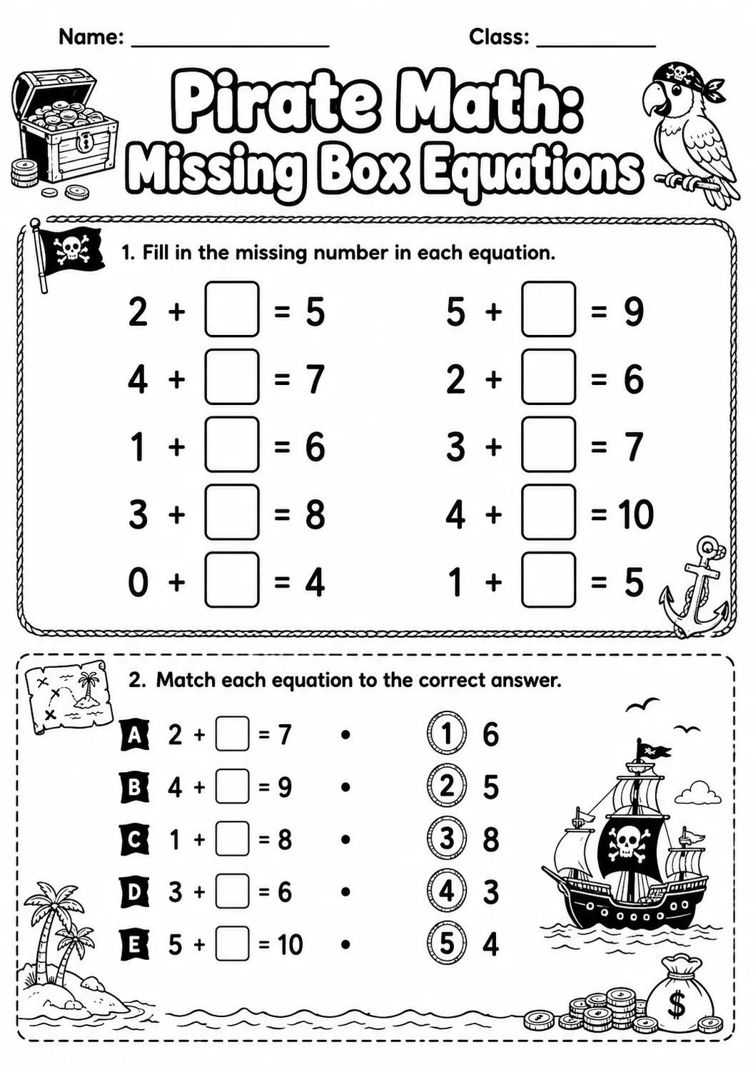 Pirate Math: Missing Box Equations Worksheet Pack