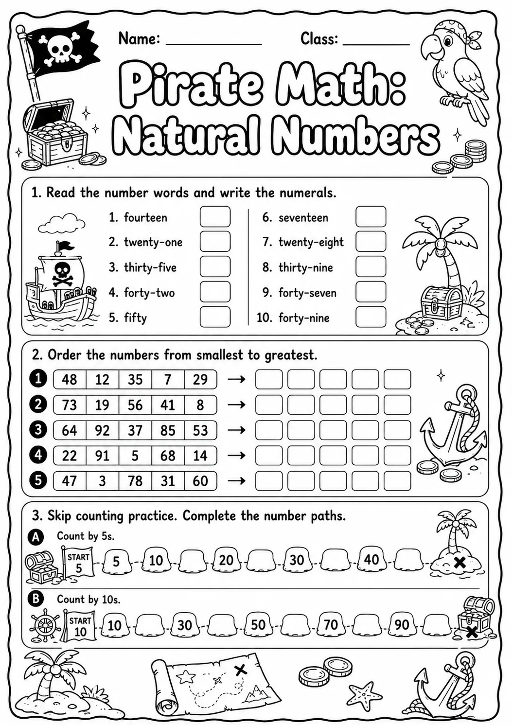 Pirate Math: Number Sequences Worksheet