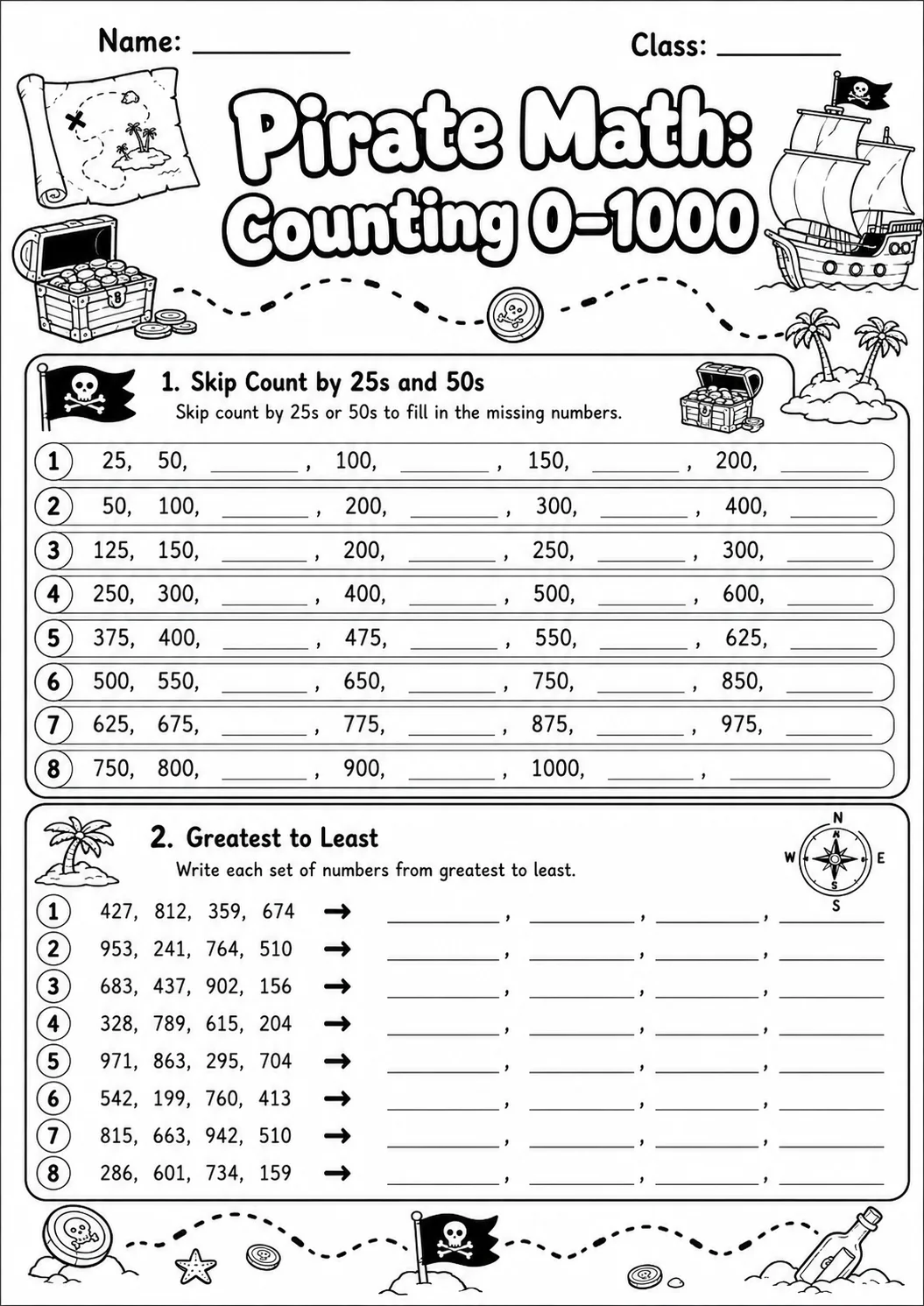 Pirate Math: Number Sequences Worksheet