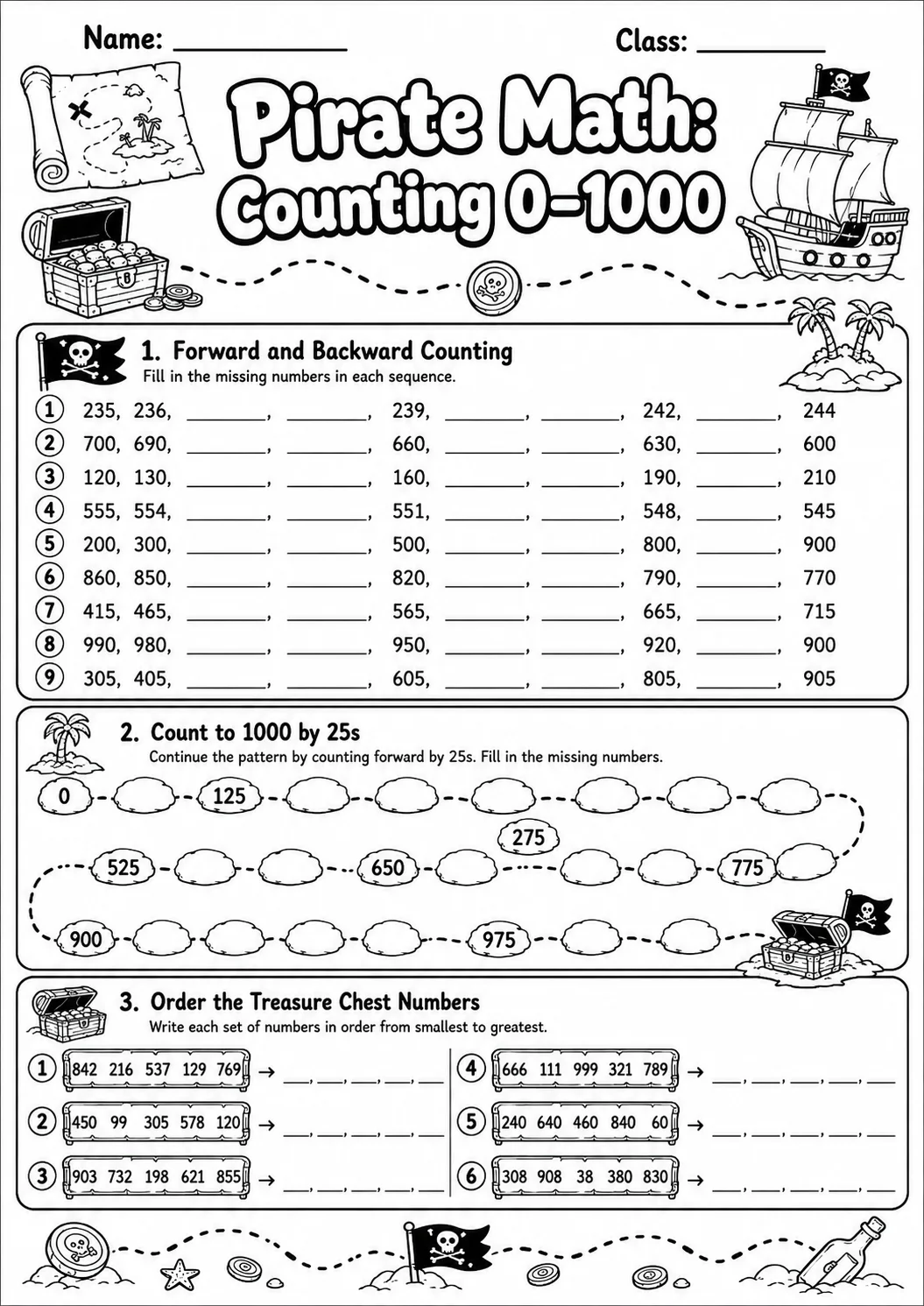 Pirate Math: Number Sequences Worksheet