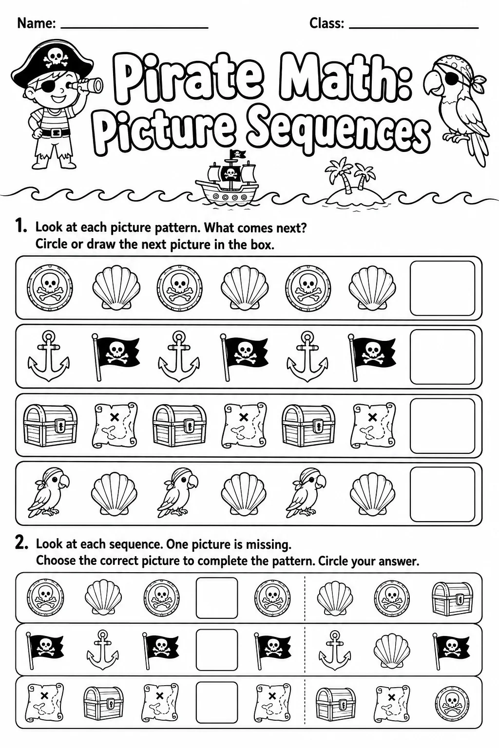 Pirate Math: Picture Sequences Worksheet Pack