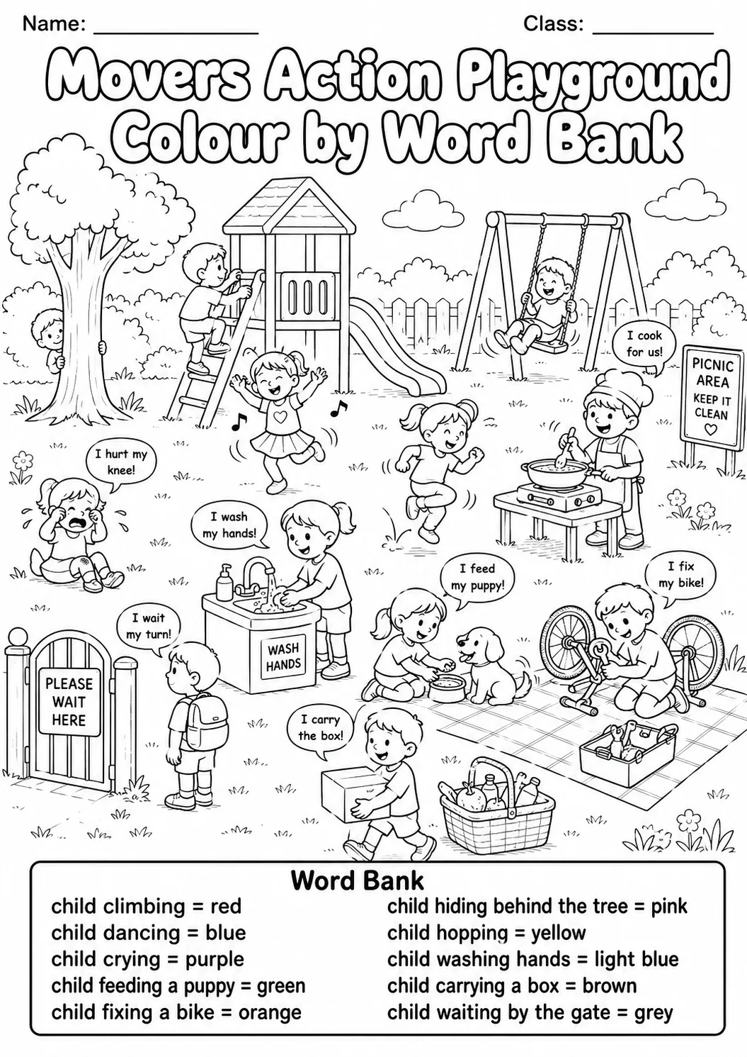 Action Playground Movers Color by Word Bank Worksheet Pack