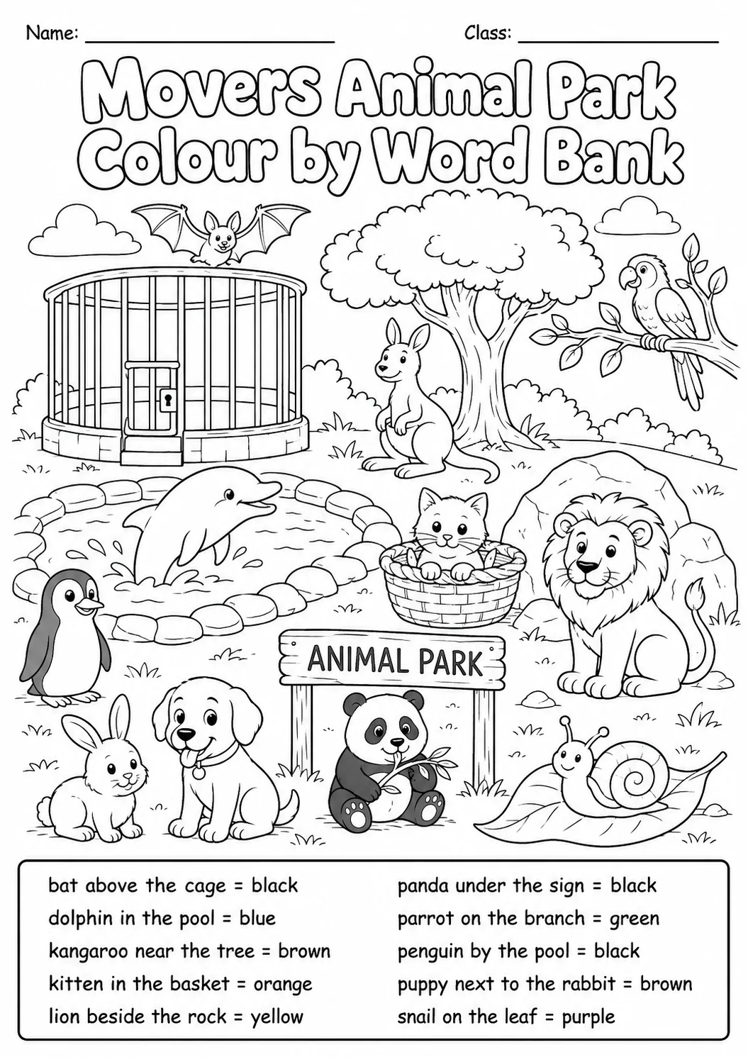 Animal Park Movers Color by Word Bank Worksheet Pack