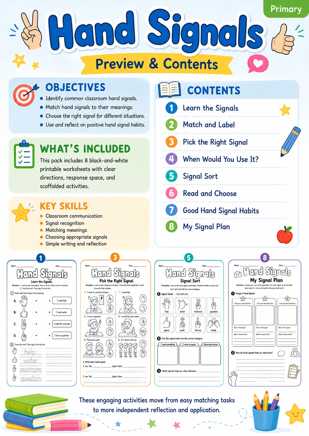 Hand Signals Worksheet Pack