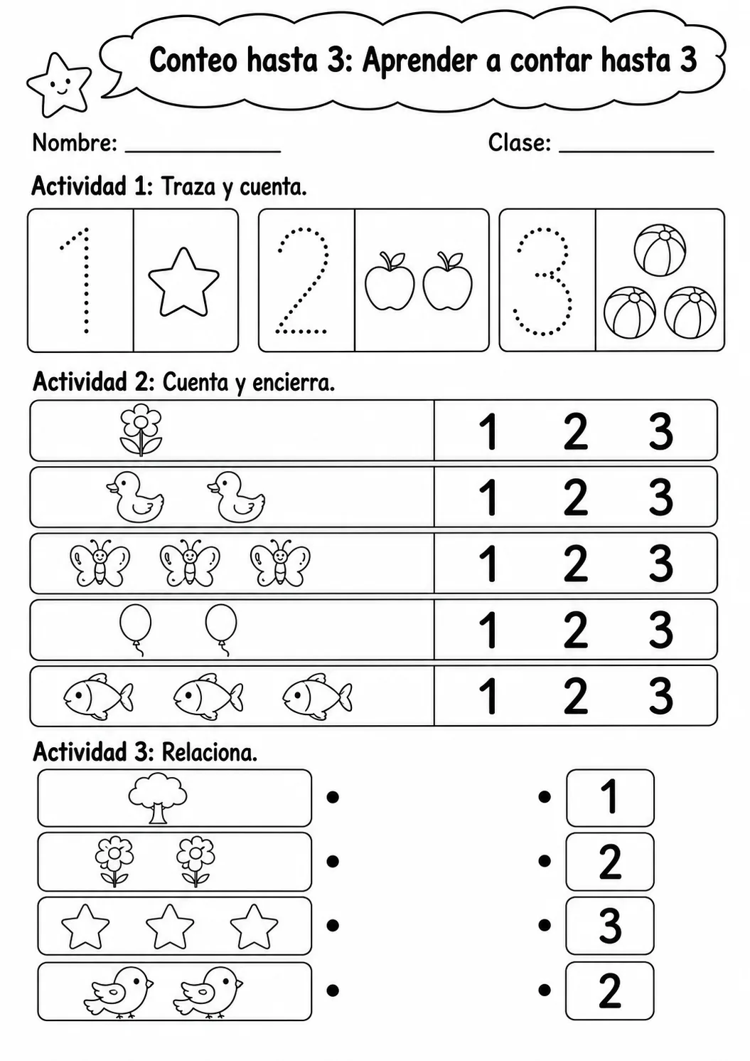 Conteo hasta 3 - paquete de fichas de matemáticas