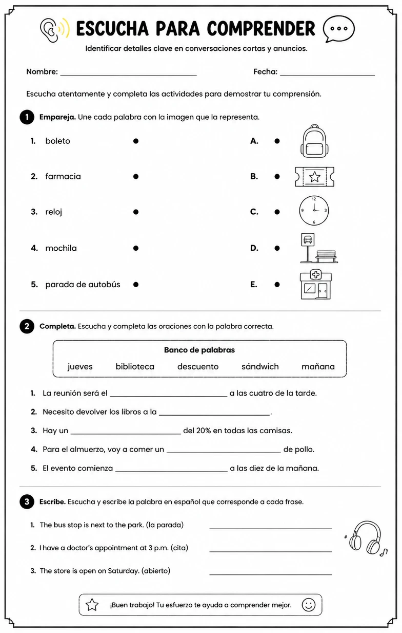 Identificar detalles clave en conversaciones cortas y anuncios.
