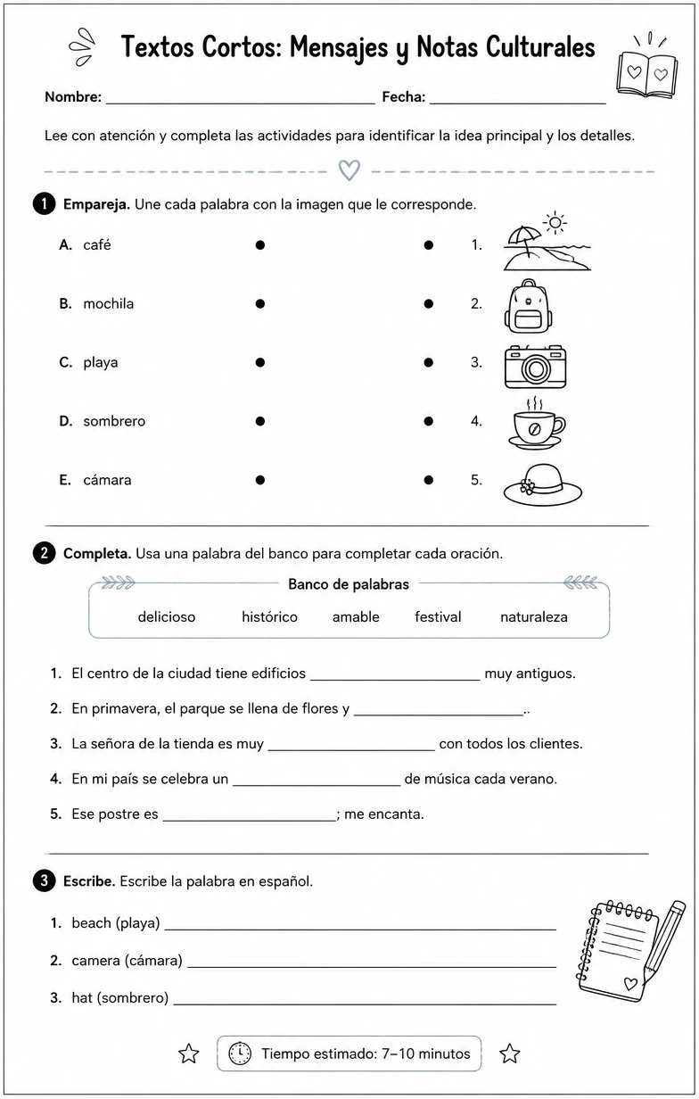 Leer mensajes cortos, descripciones y notas culturales para identificar la idea principal y detalles.