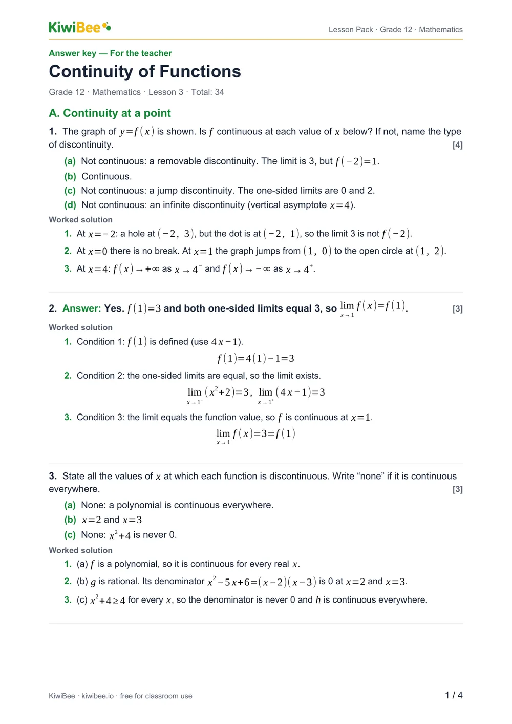 Continuity of Functions — Answer key, page 1