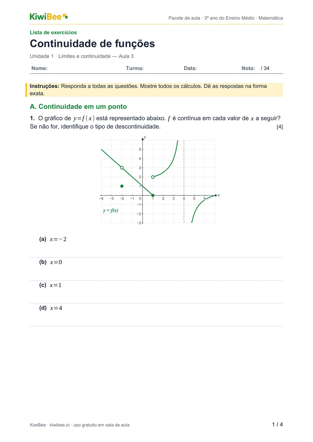 Continuidade de funções — Lista de exercícios, página 1