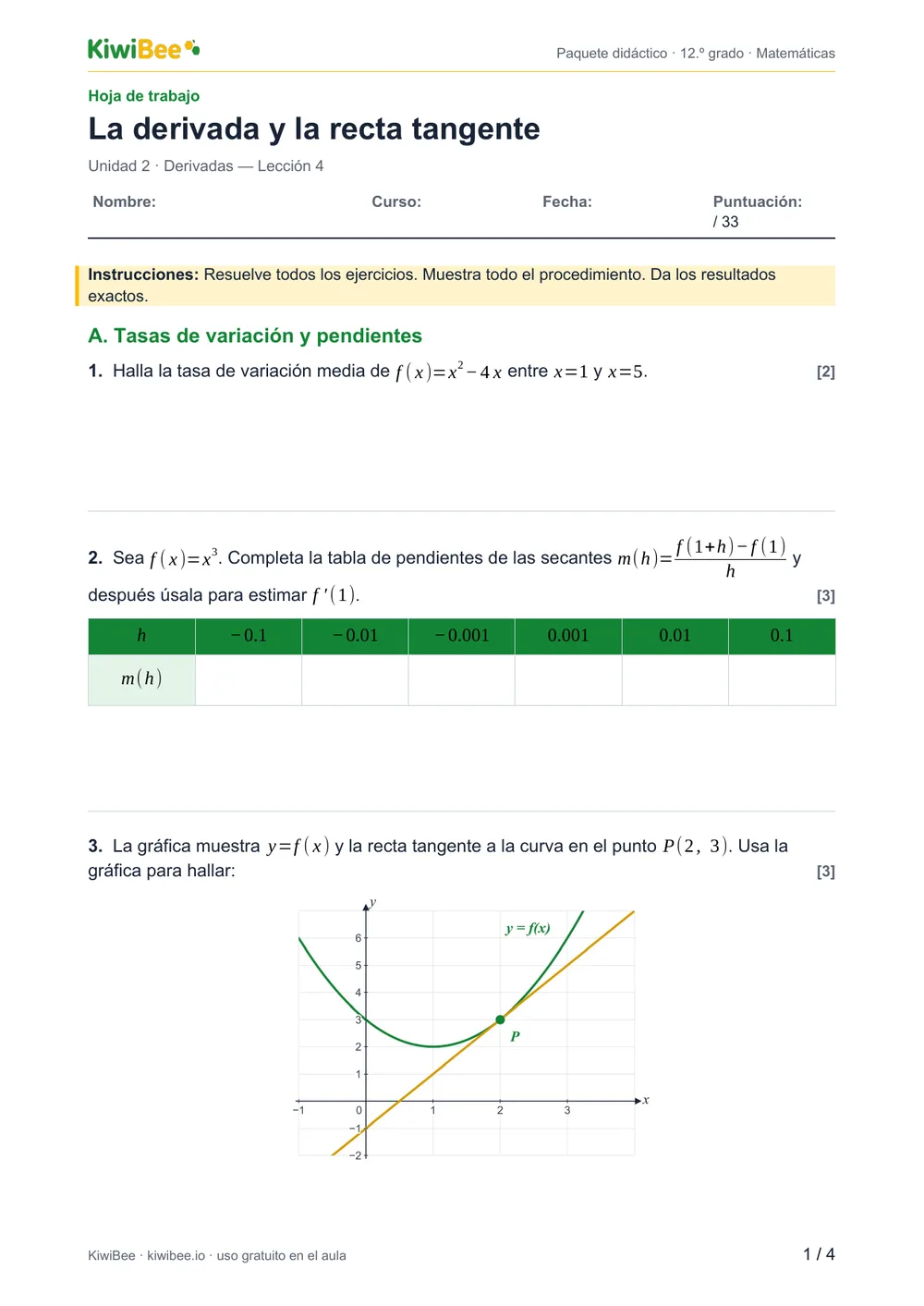 La derivada y la recta tangente — Hoja de trabajo, página 1