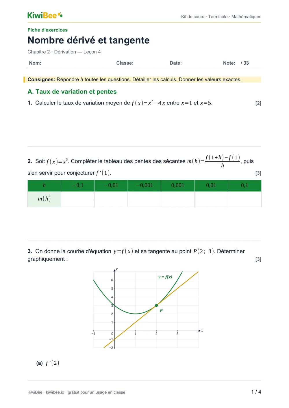 Nombre dérivé et tangente — Fiche d'exercices, page 1