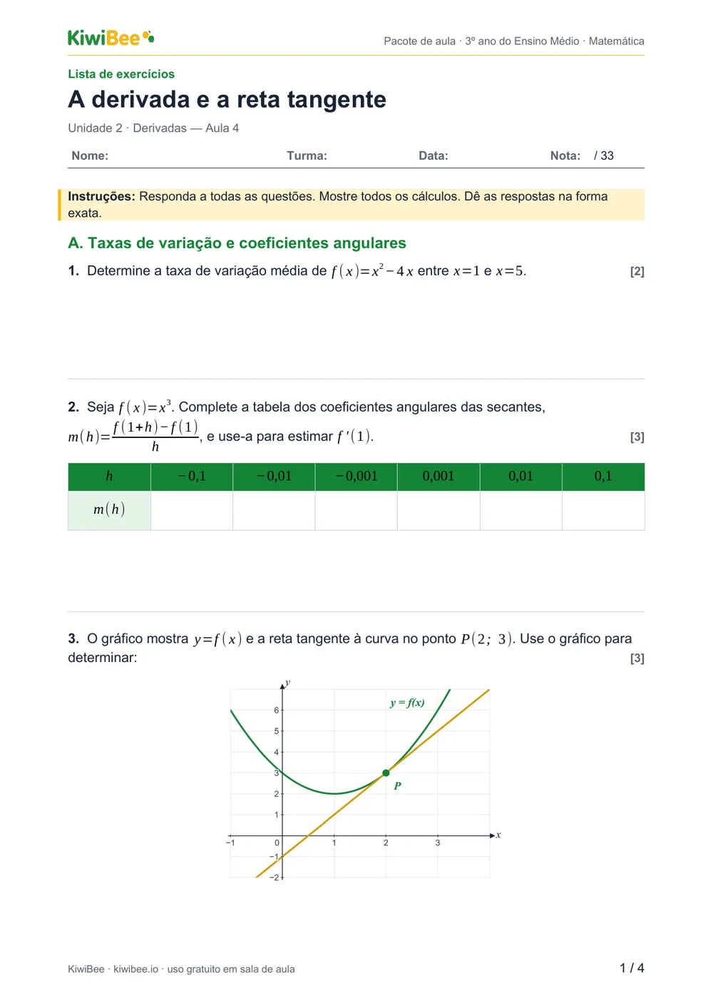 A derivada e a reta tangente — Lista de exercícios, página 1
