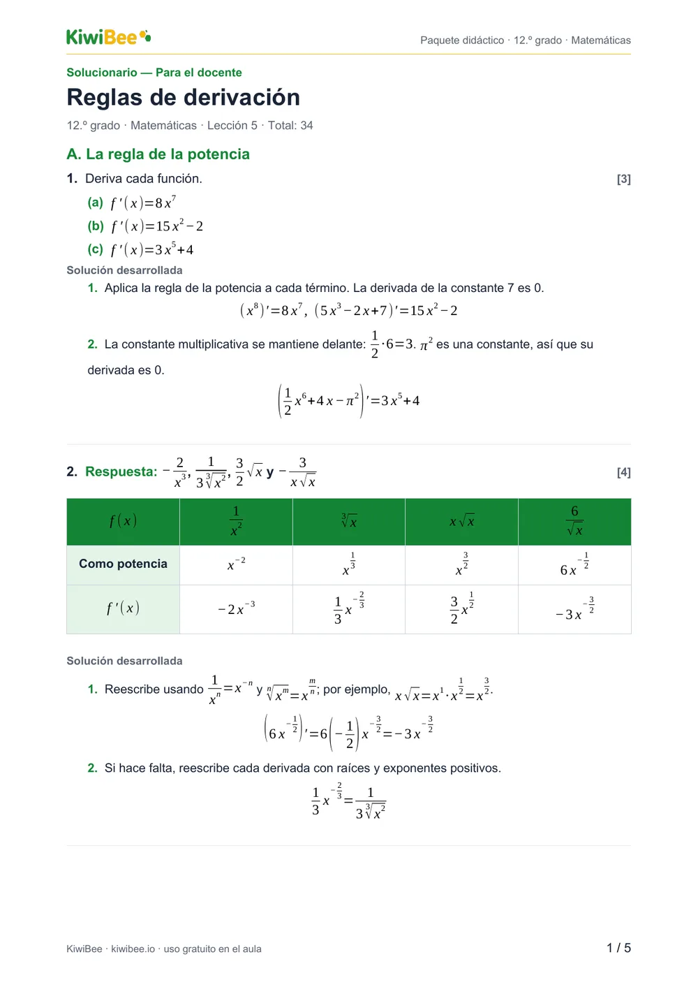 Reglas de derivación — Solucionario, página 1
